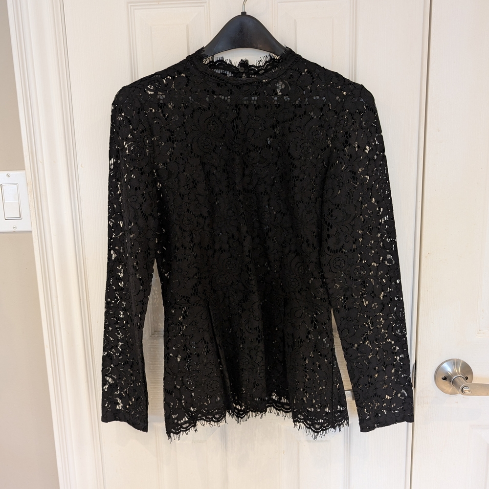 H&M Black Lace Blouse with High Neckline and Long Sleeves
